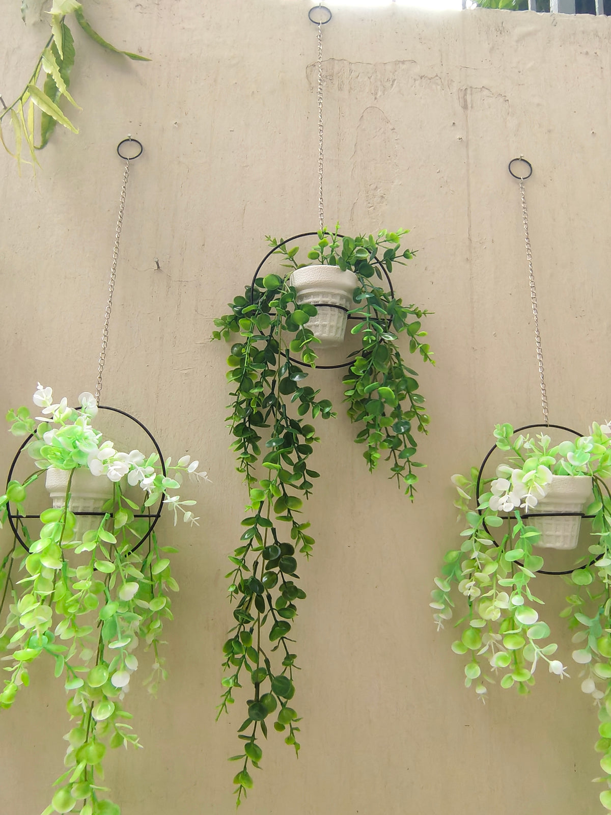 Set of 3 Artificial Leaf Pots with Hanging Chain & Stand