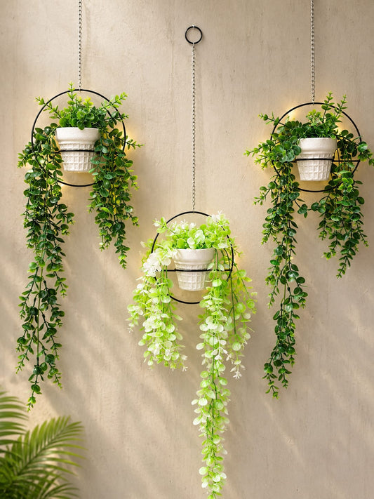 Set of 3 Artificial Leaf Pots with Hanging Chain & Stand