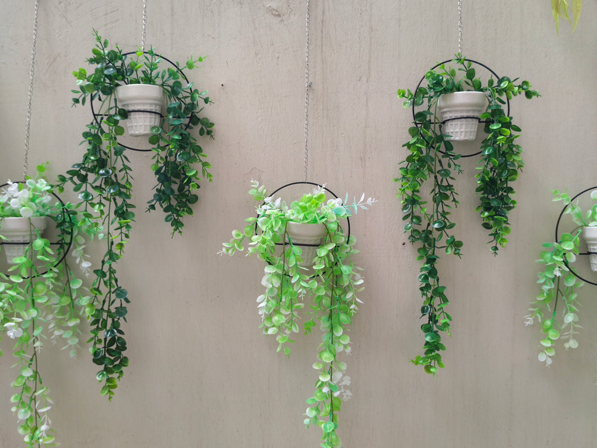Set of 3 Artificial Leaf Pots with Hanging Chain & Stand