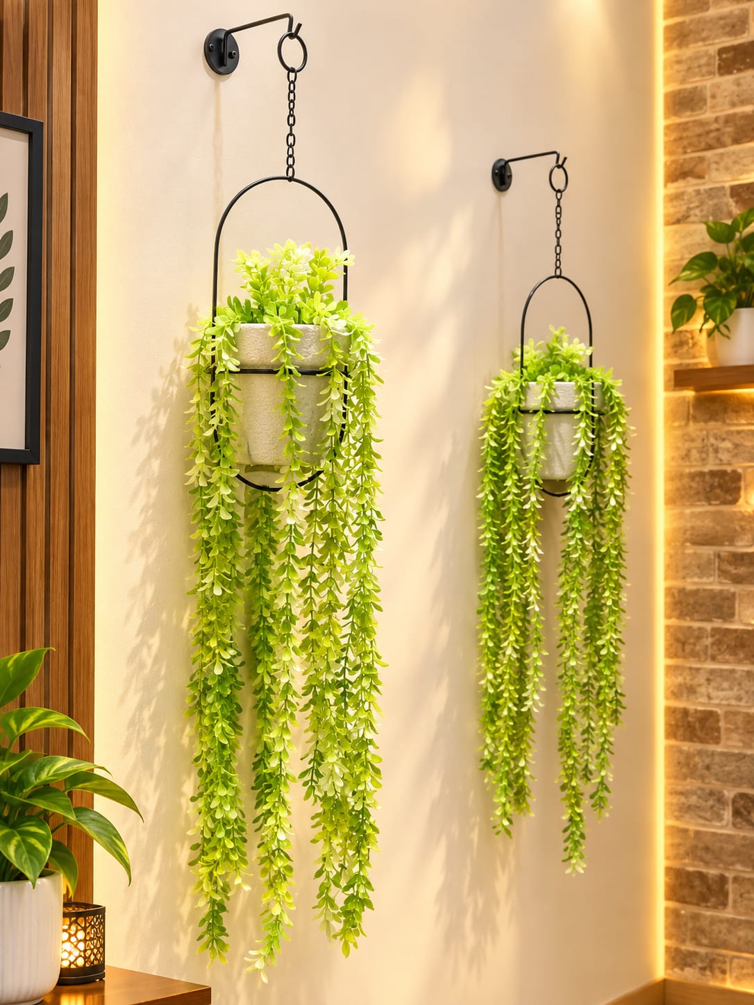 Wall-Mounted Metal Hook Hanging Planter with Artificial Trailing Vines (Set of 2 Complete Planters)