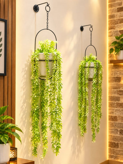 Wall-Mounted Metal Hook Hanging Planter with Artificial Trailing Vines (Set of 2 Complete Planters)