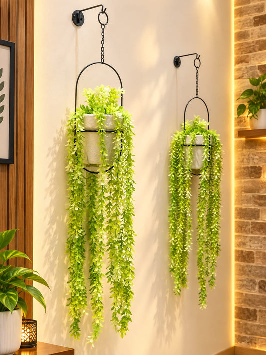 Wall-Mounted Metal Hook Hanging Planter with Artificial Trailing Vines (Set of 2 Complete Planters)