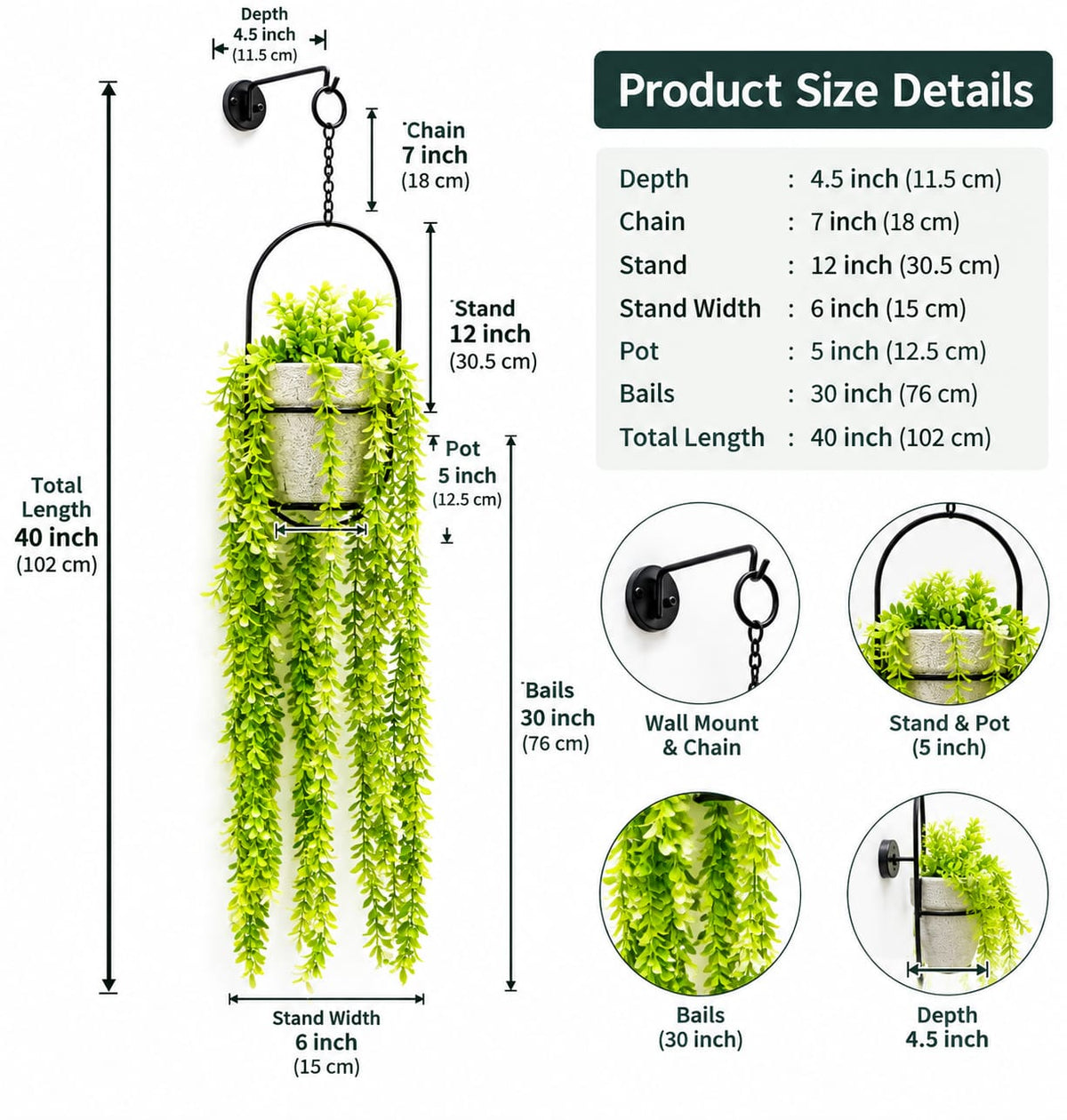 Wall-Mounted Metal Hook Hanging Planter with Artificial Trailing Vines (Set of 2 Complete Planters)