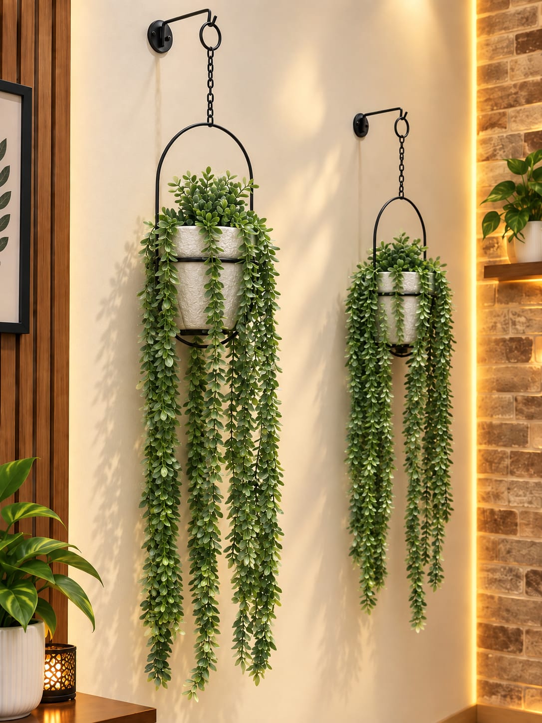 Wall-Mounted Metal Hook Hanging Planter with Artificial Trailing Vines (Set of 2 Complete Planters)