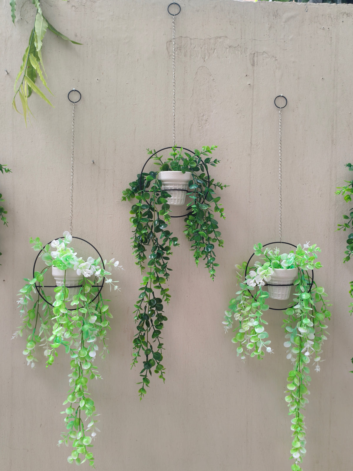 Set of 3 Artificial Leaf Pots with Hanging Chain & Stand